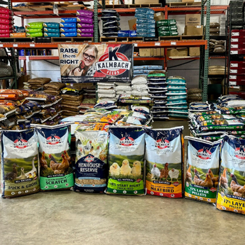 Bags of Kalmbach animal feed are neatly arranged in a store aisle. A sign above shows their logo and slogan. Shelves behind hold more feed.